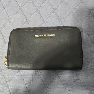Michael Kors Black Leather Zip-Around Wallet with Gold Logo